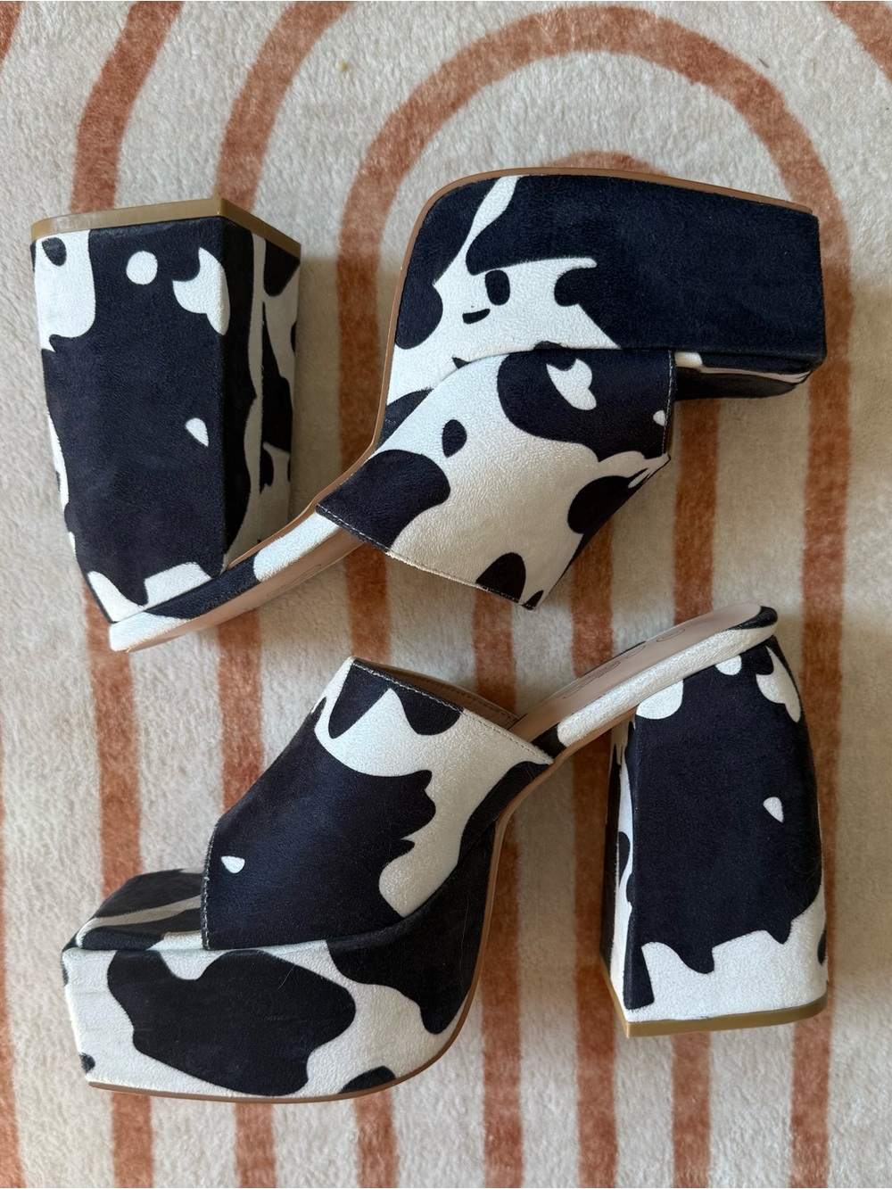 Cow-Print Platform Mules in Black & White - Women Shoes
